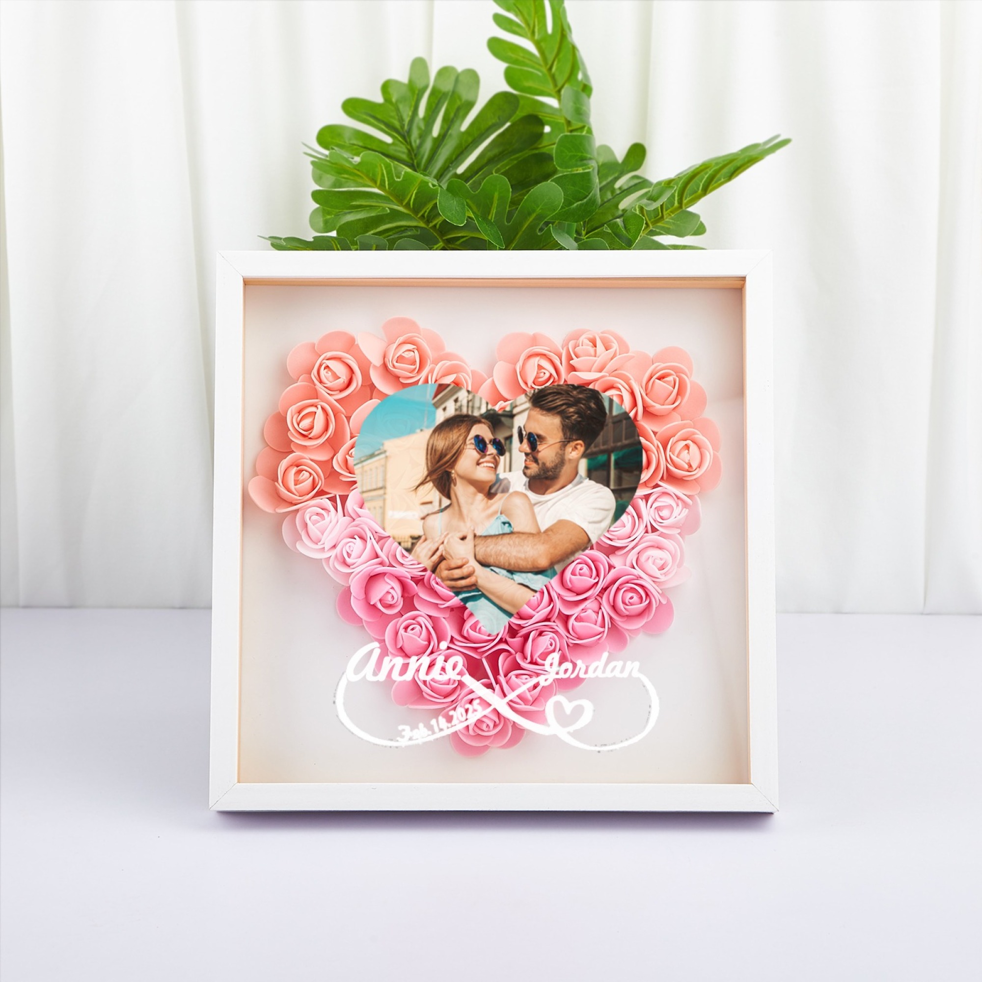Custom Flower Shadowbox with Photo and Names Heart-Shaped Rose Frame Shadow Box Forever Love Gift