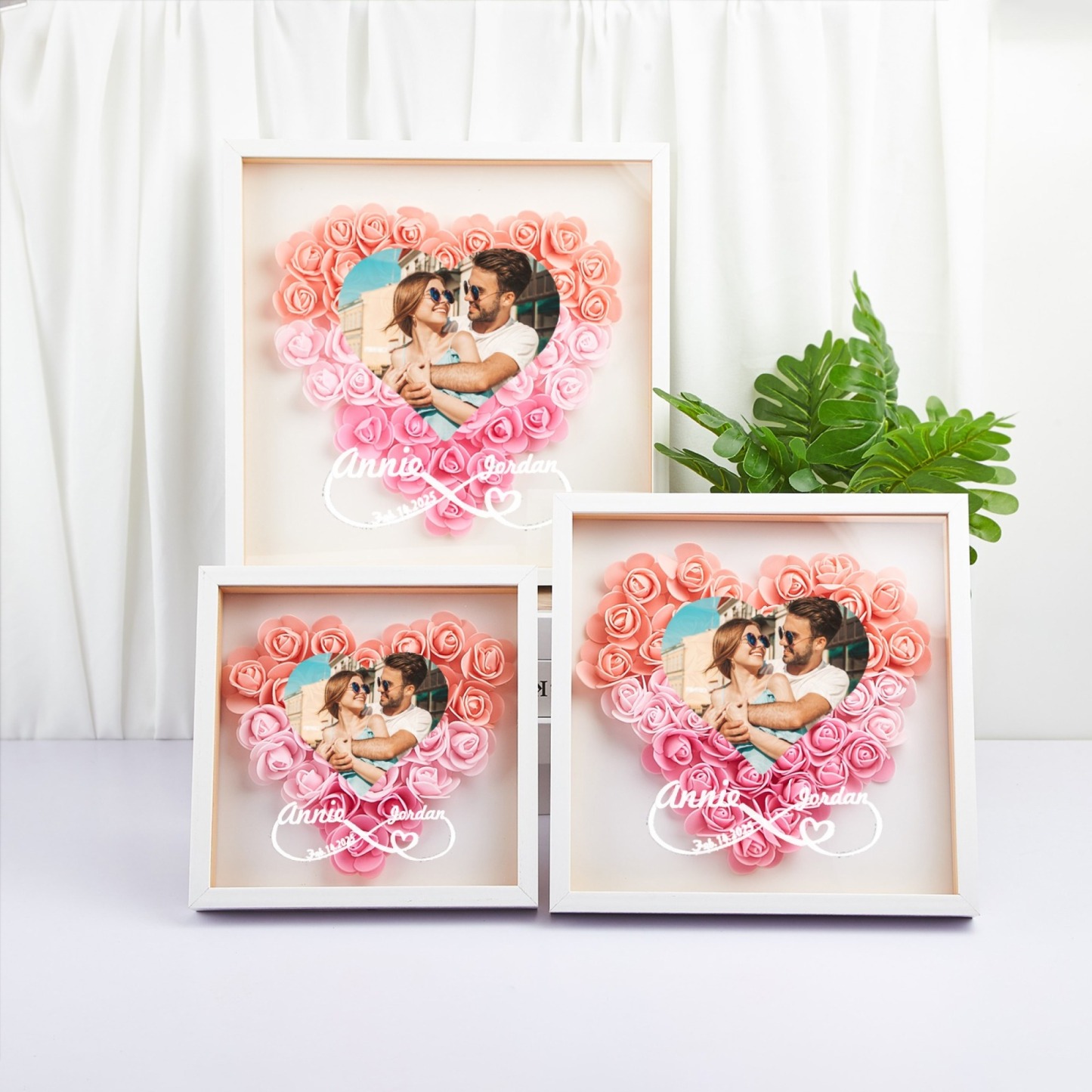 Custom Flower Shadowbox with Photo and Names Heart-Shaped Rose Frame Shadow Box Forever Love Gift