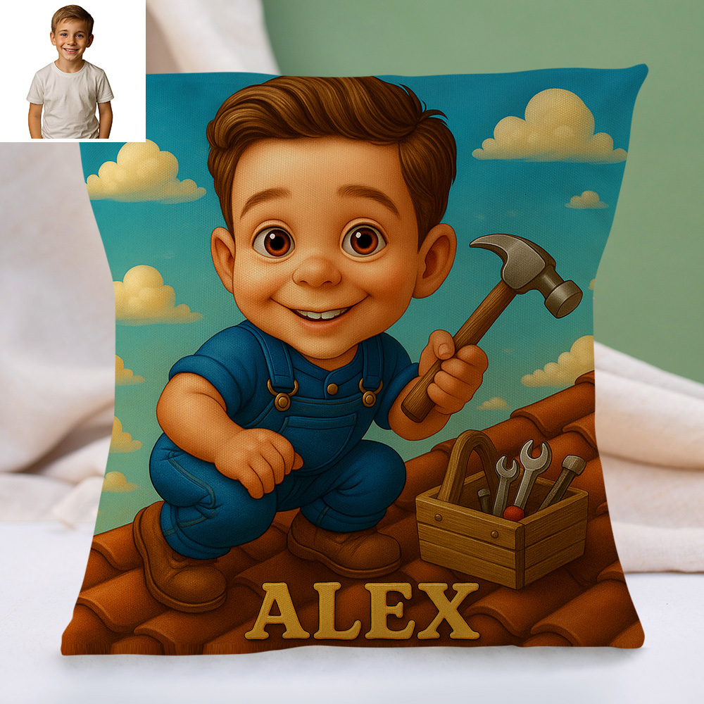 Custom Cartoon Portrait Pillow with Child Photo and Name Personalized Cushion Gift for Kids Room Decor