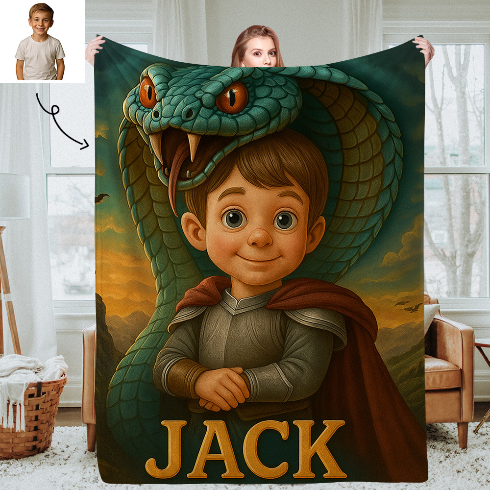 Personalized Kids Photo Blanket with Custom Cartoon Picture and Name Cozy Throw for Bedroom or Living Room