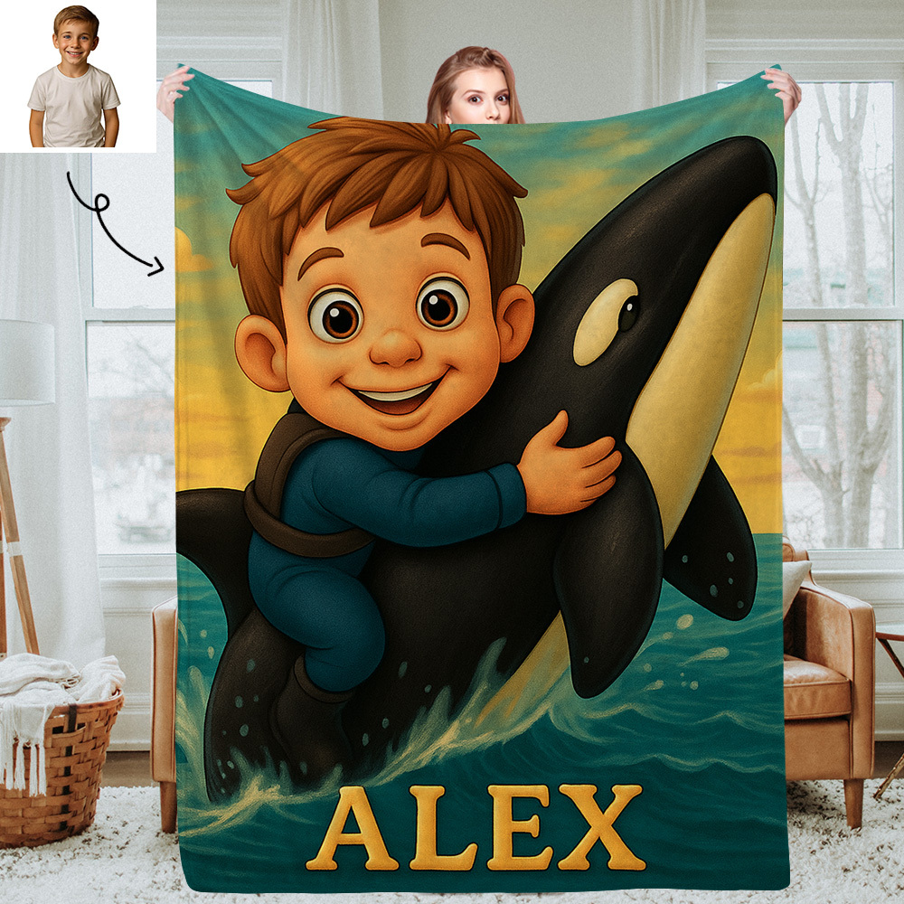 Personalized Kids Photo Blanket with Custom Cartoon Picture and Name Cozy Throw for Bedroom or Living Room