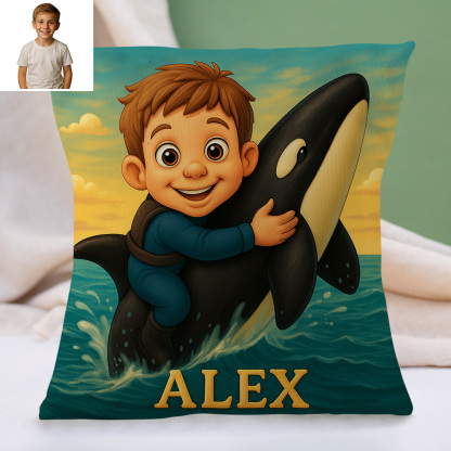 Custom Cartoon Portrait Pillow with Child Photo and Name Personalized Cushion for Nursery or Kids Bedroom Decor