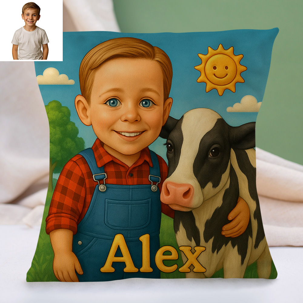 Custom Cartoon Portrait Pillow with Child Photo and Name Personalized Cushion for Nursery or Kids Bedroom Decor