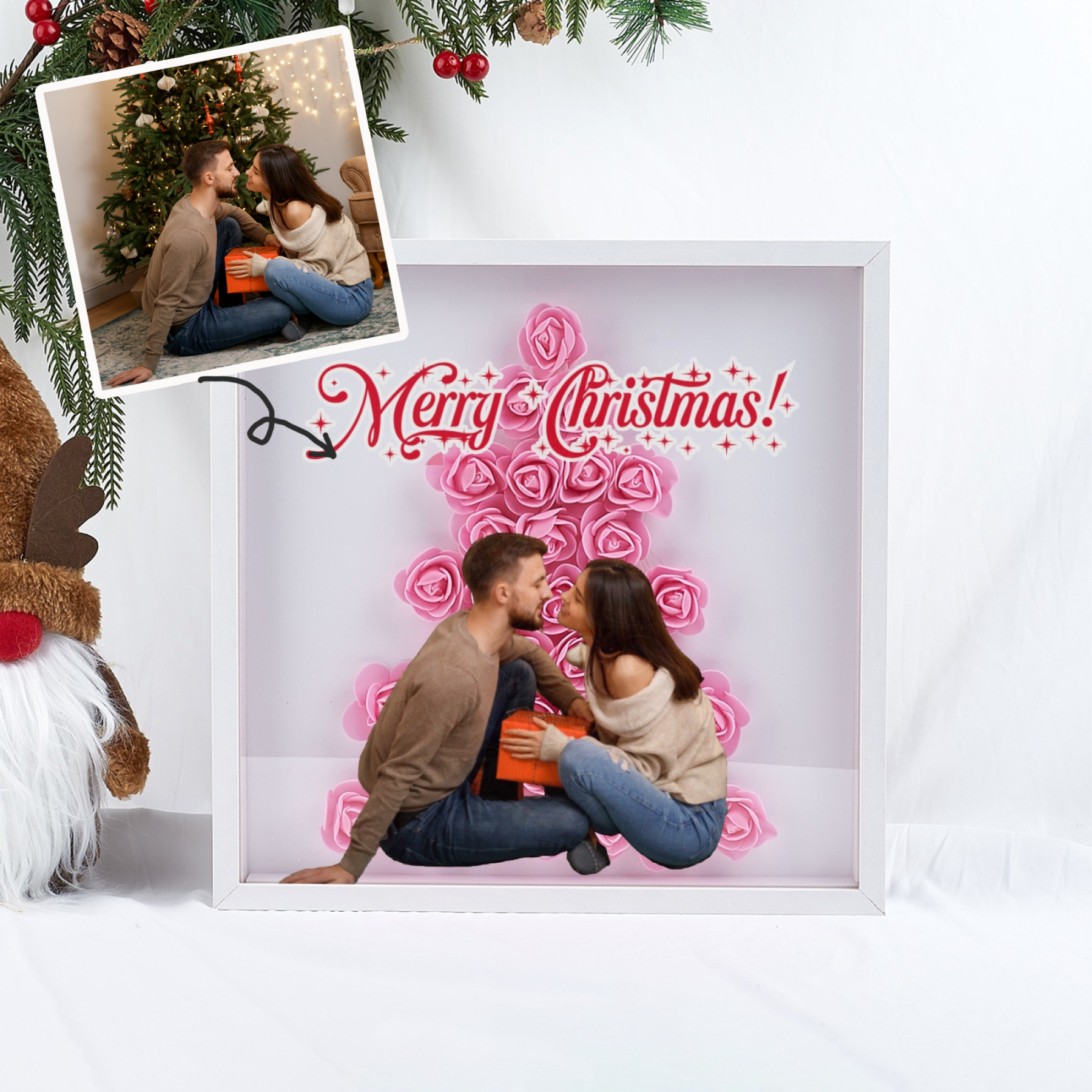 Christmas Tree Paper Rose Flower Shadow Box Frame Christmas Gift