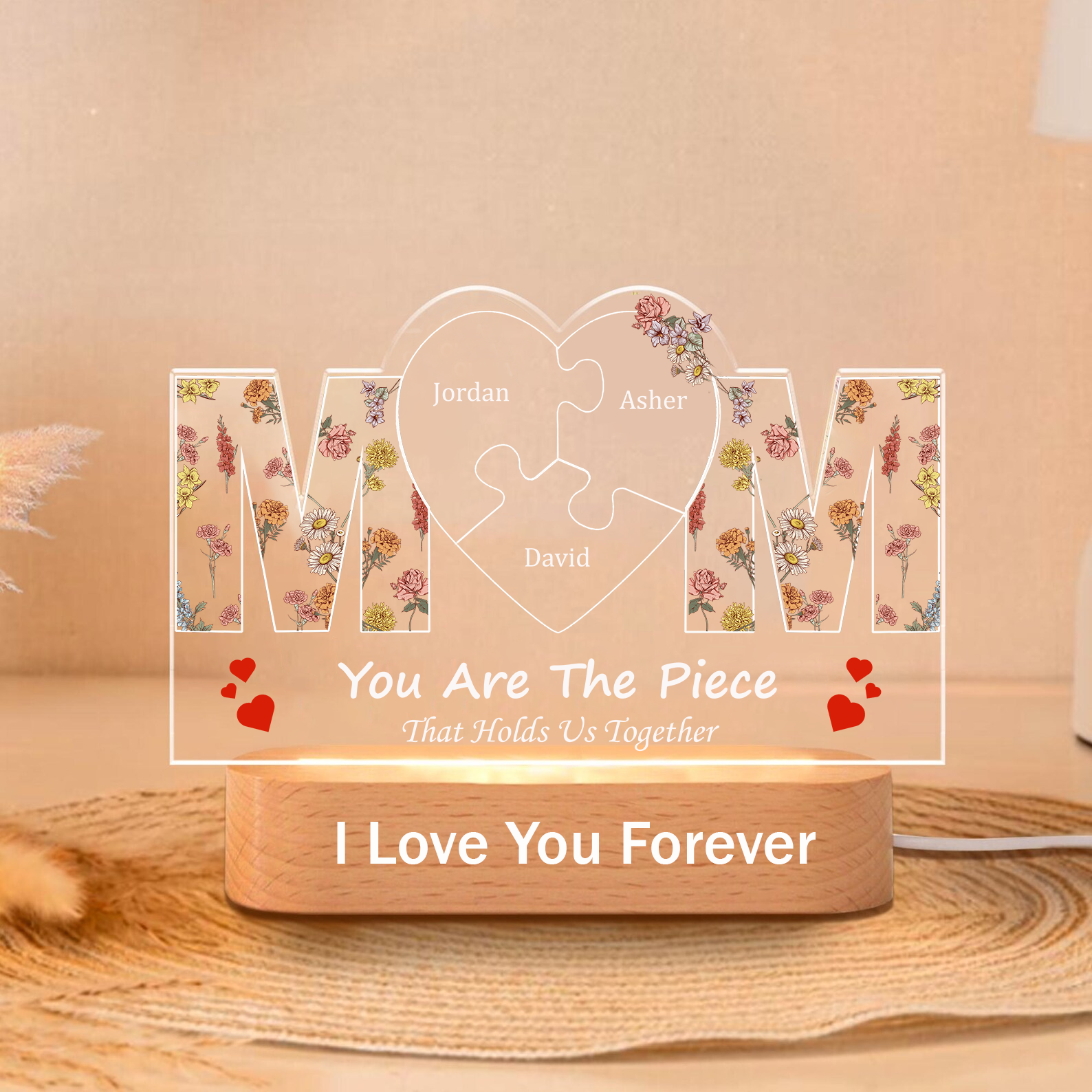 Personalized Mom Heart Puzzle Night Light Customized Flower Theme Night Light Mother’s Day Gift