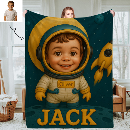 Sci Fi Theme Custom Cartoon Kids Blanket with Personalized Name and Photo Soft Throw for Bedroom or Reading Nook