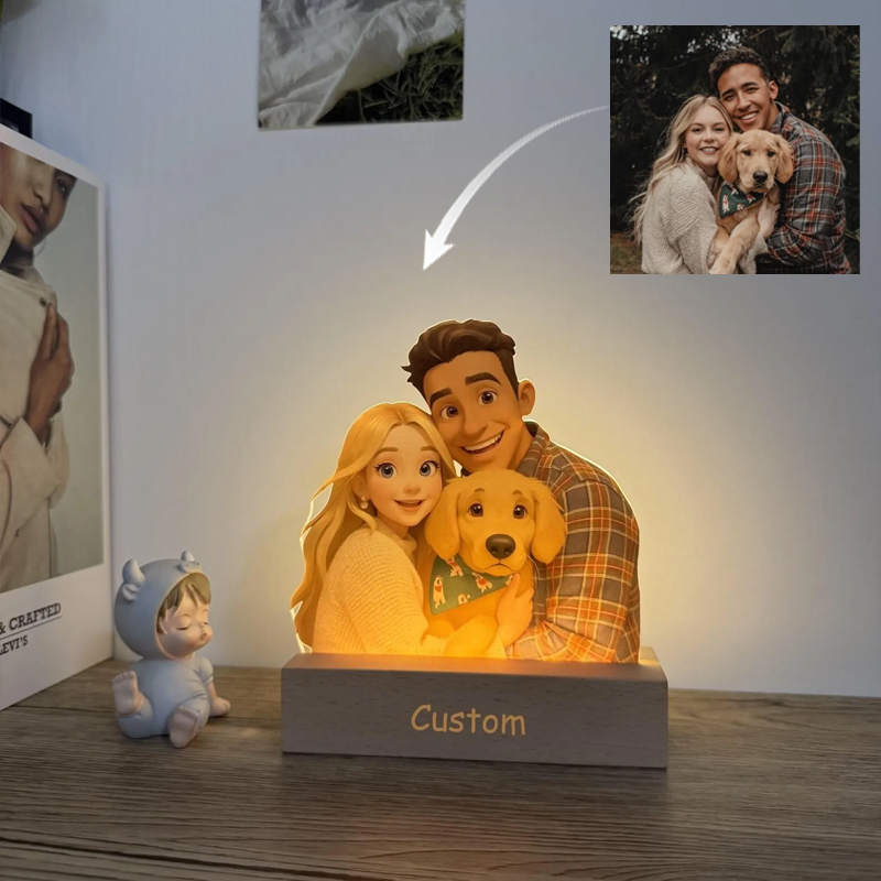 Personalized Pixar Inspired Cartoon Photo Portrait Photo Frame LED Night Lights with Base Engraved Couple Gifts