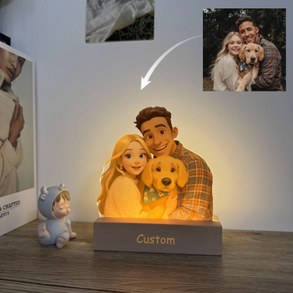 Personalized Pixar Inspired Cartoon Photo Portrait Photo Frame LED Night Lights with Base Engraved Couple Gifts