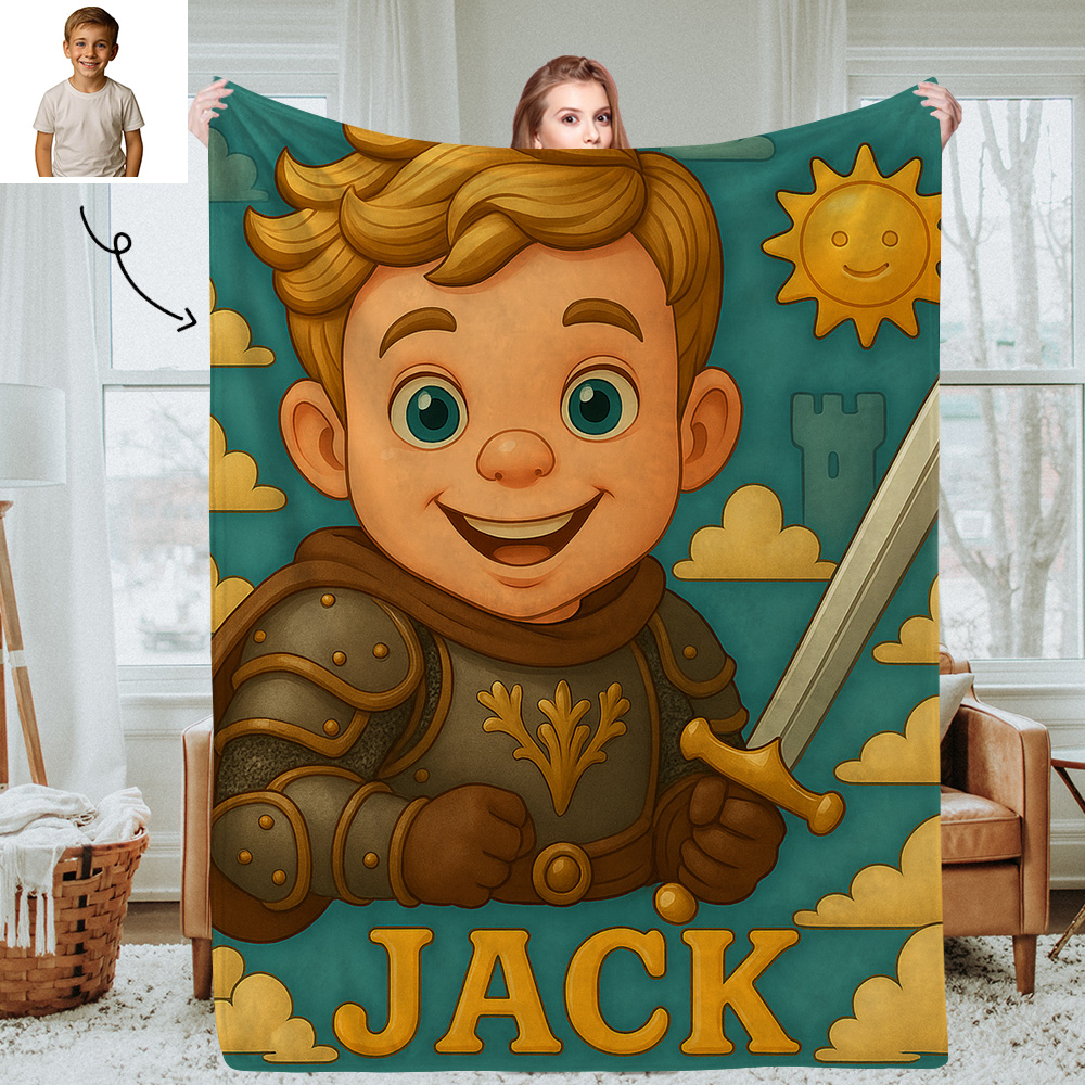 Sci Fi Theme Custom Cartoon Kids Blanket with Personalized Name and Photo Soft Throw for Bedroom or Reading Nook