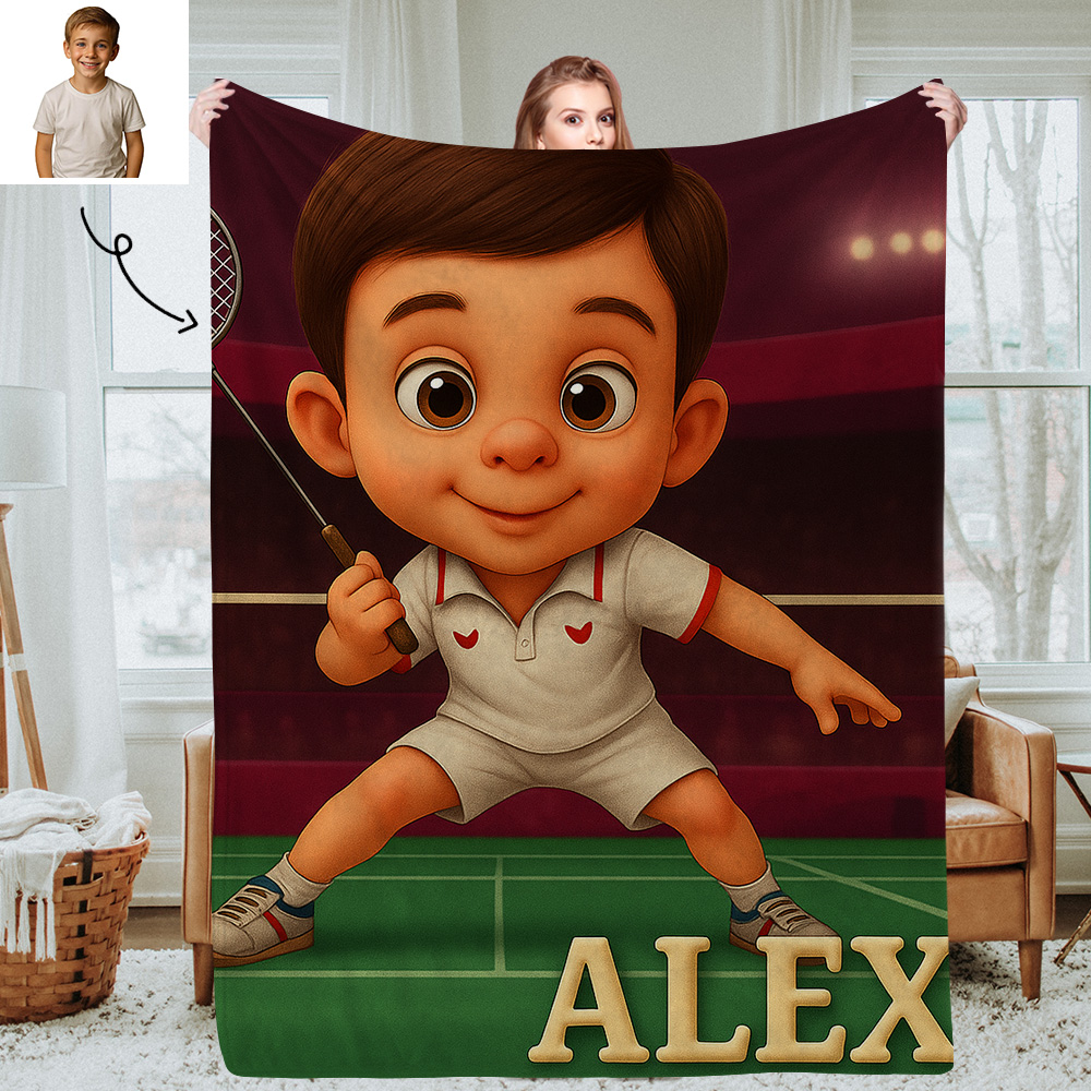 Personalized Sports Kids Blanket with Custom Cartoon Photo and Name Soft Throw for Nap Time or Bedroom