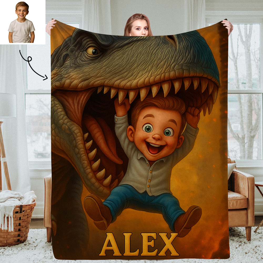 Sci Fi Theme Custom Cartoon Kids Blanket with Personalized Name and Photo Soft Throw for Bedroom or Reading Nook