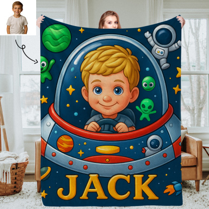 Sci Fi Theme Custom Cartoon Kids Blanket with Personalized Name and Photo Soft Throw for Bedroom or Reading Nook