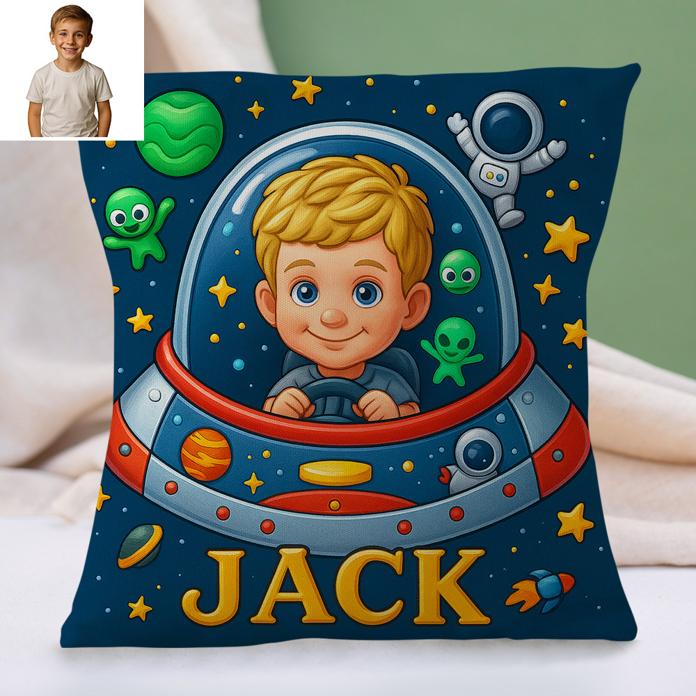 Personalized Sci Fi Cartoon Pillow with Child Name and Photo Galaxy Theme Cushion for Kids Playroom or Bed