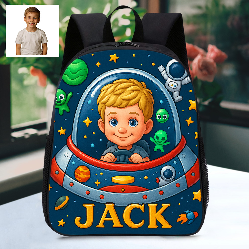 Custom Kids Backpack with Personalized Cartoon Image and Name Unique Space Adventure School Bag for Kids