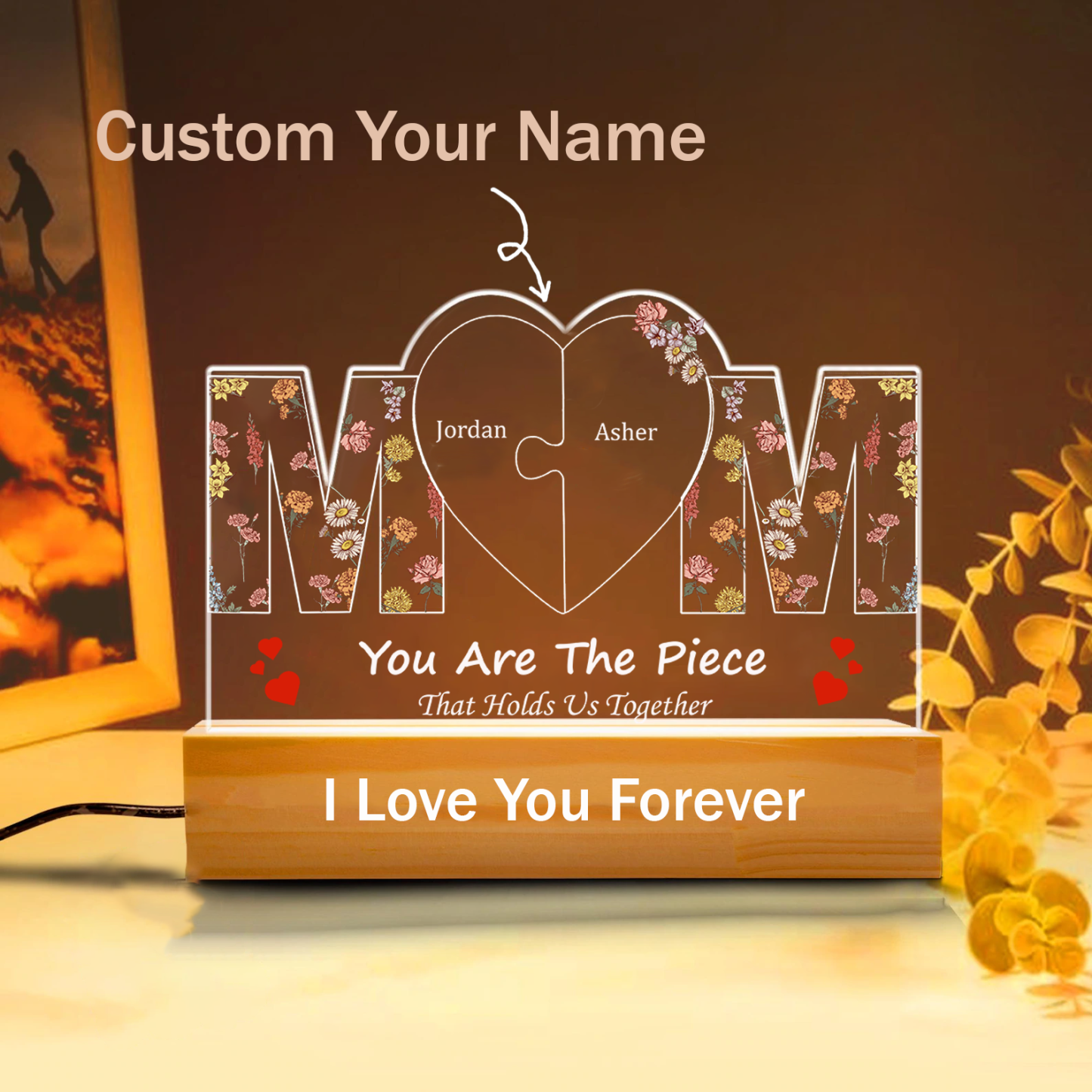 Personalized Mom Heart Puzzle Night Light Customized Flower Theme Night Light Mother’s Day Gift
