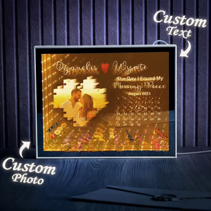 Custom LED Photo and Calendar Wedding Frame Mirror Light Personalized The Day I Found My Missing Piece Lamp Anniversary Gift for Couples