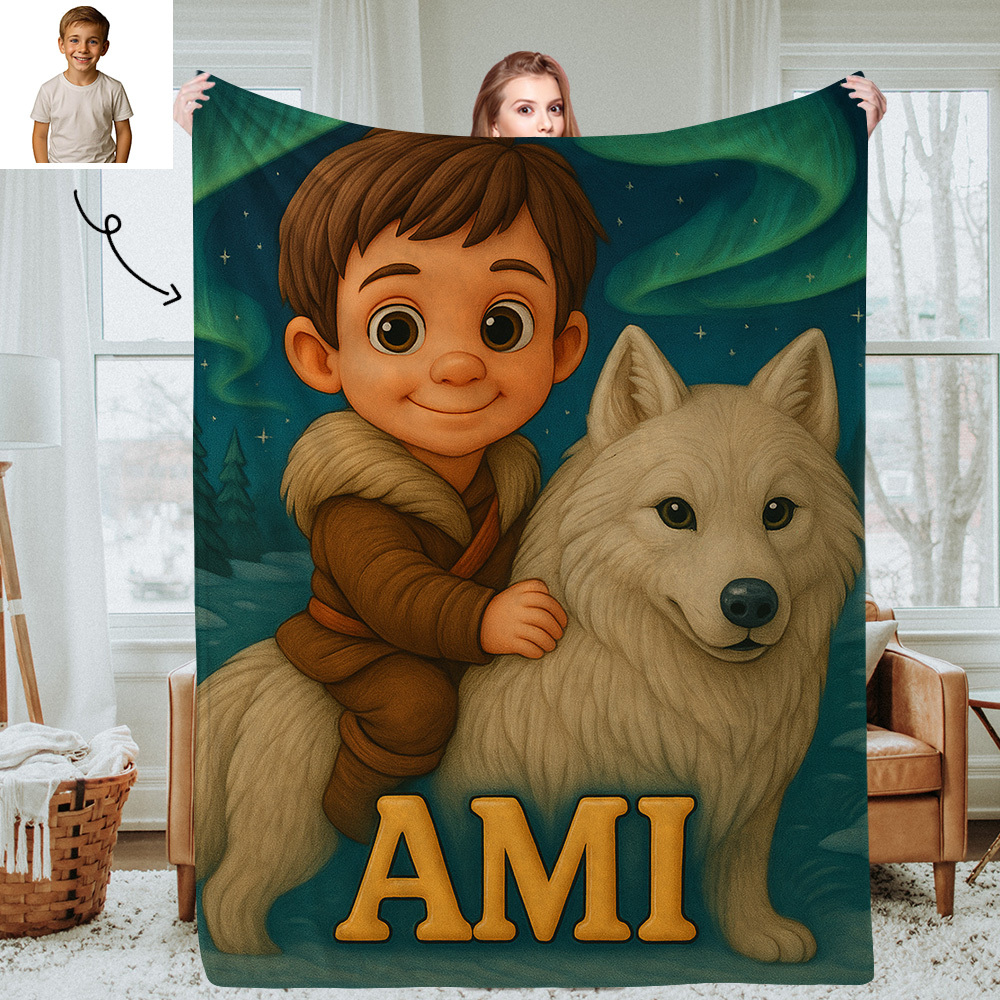 Personalized Kids Photo Blanket with Custom Cartoon Picture and Name Cozy Throw for Bedroom or Living Room