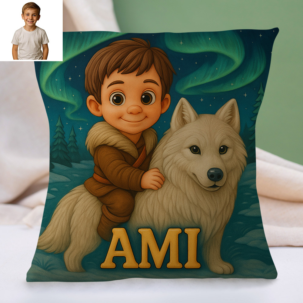 Custom Cartoon Portrait Pillow with Child Photo and Name Personalized Cushion for Nursery or Kids Bedroom Decor