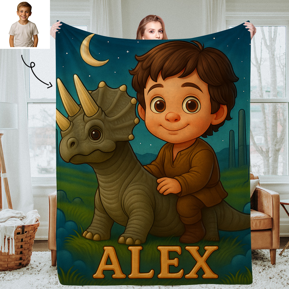 Sci Fi Theme Custom Cartoon Kids Blanket with Personalized Name and Photo Soft Throw for Bedroom or Reading Nook