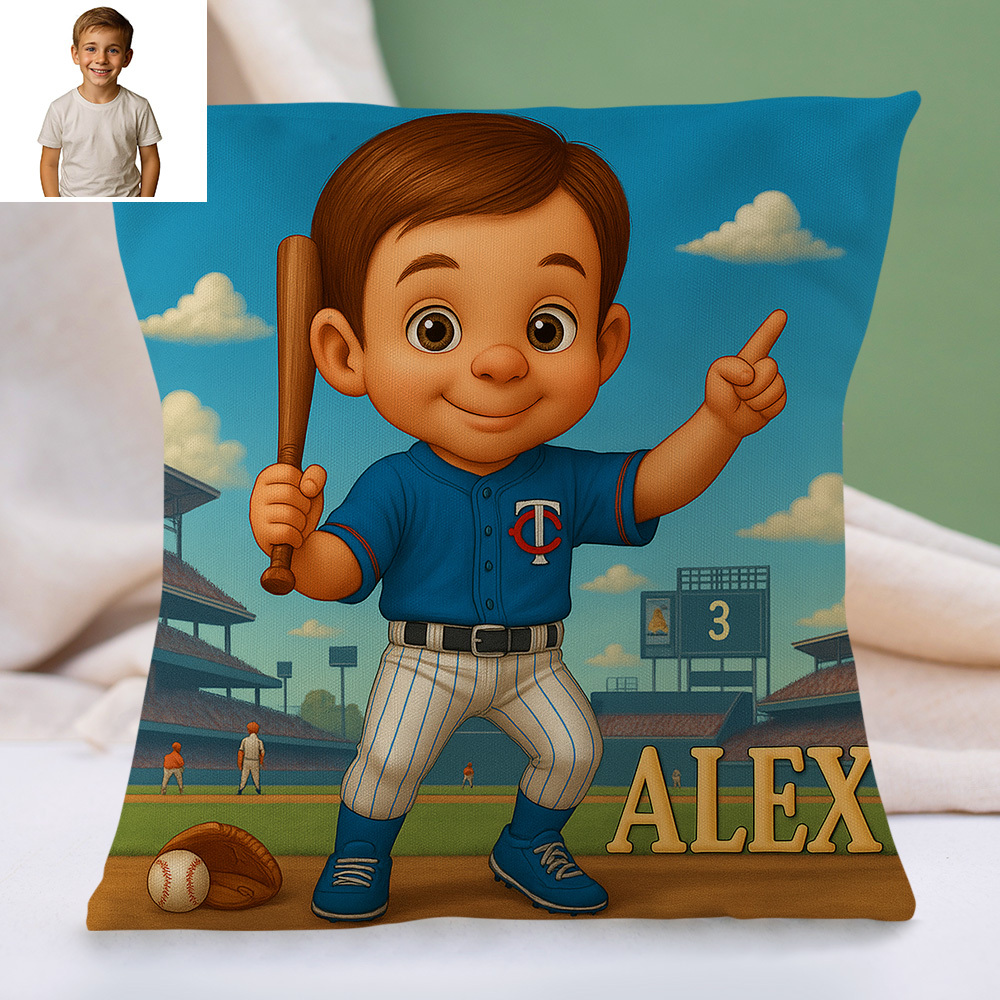 Custom Sports Theme Cartoon Pillow with Child Name and Photo Personali