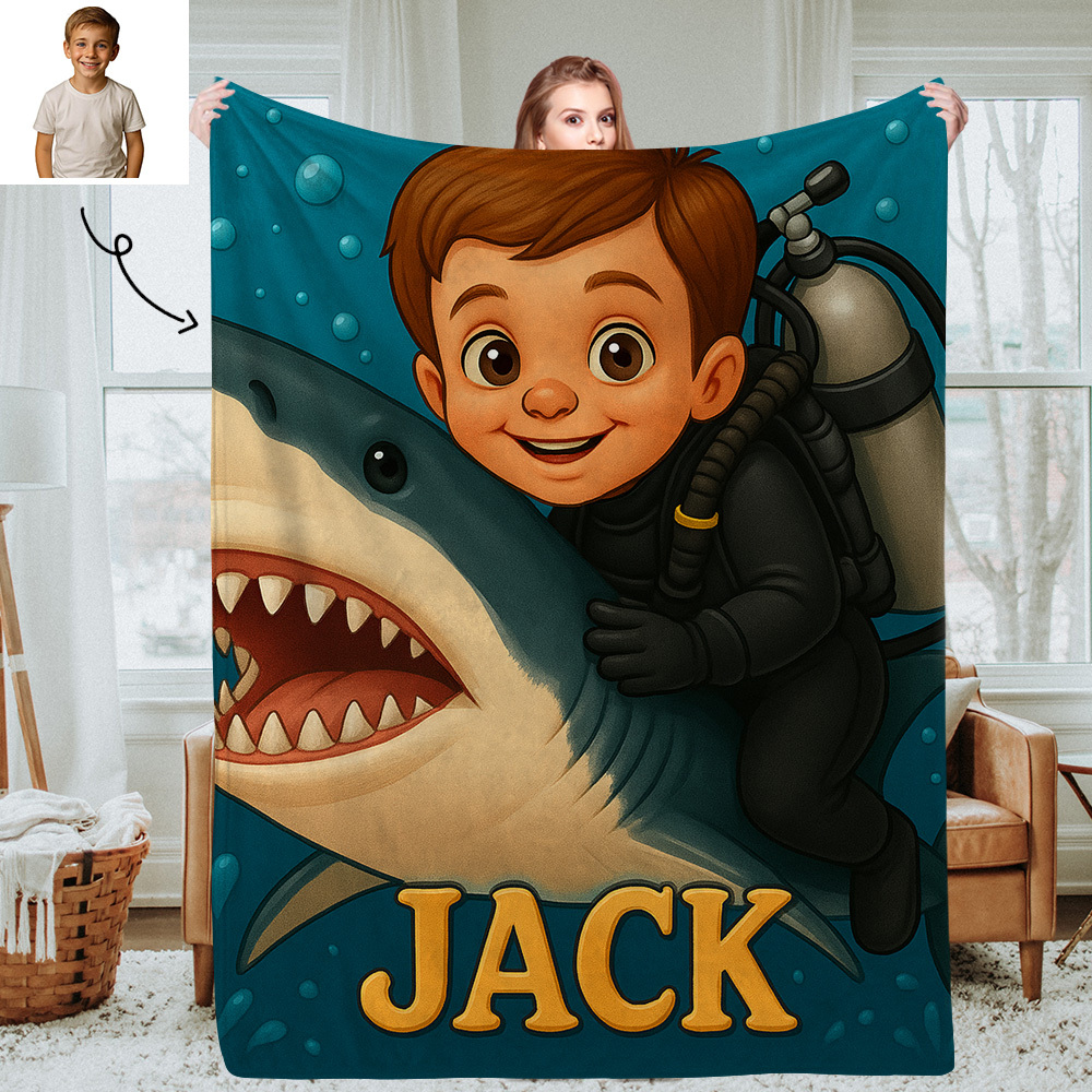 Personalized Kids Photo Blanket with Custom Cartoon Picture and Name Cozy Throw for Bedroom or Living Room