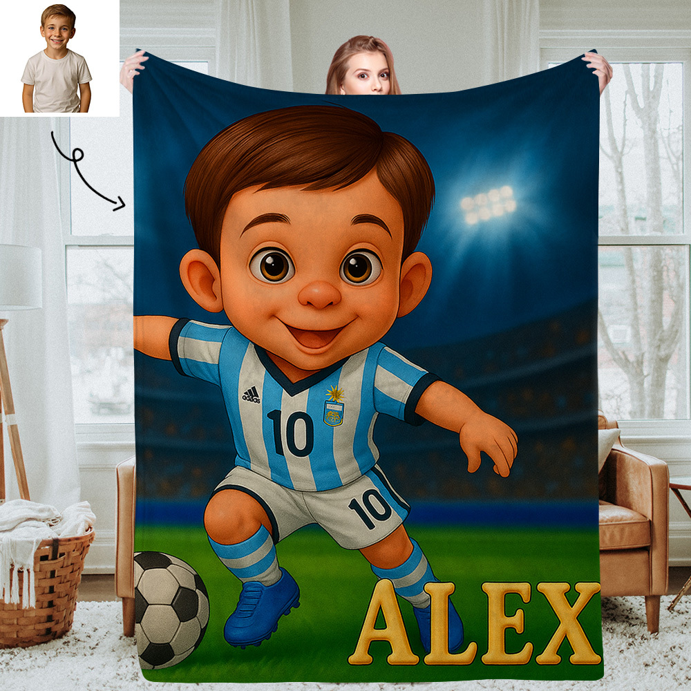 Personalized Sports Kids Blanket with Custom Cartoon Photo and Name Soft Throw for Nap Time or Bedroom