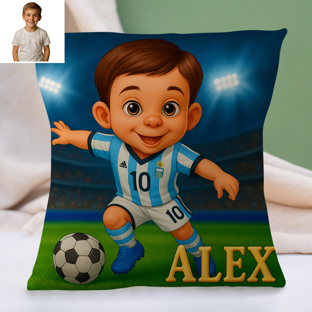 Custom Sports Theme Cartoon Pillow with Child Name and Photo Personalized Cushion for Kids Bed or Play Area