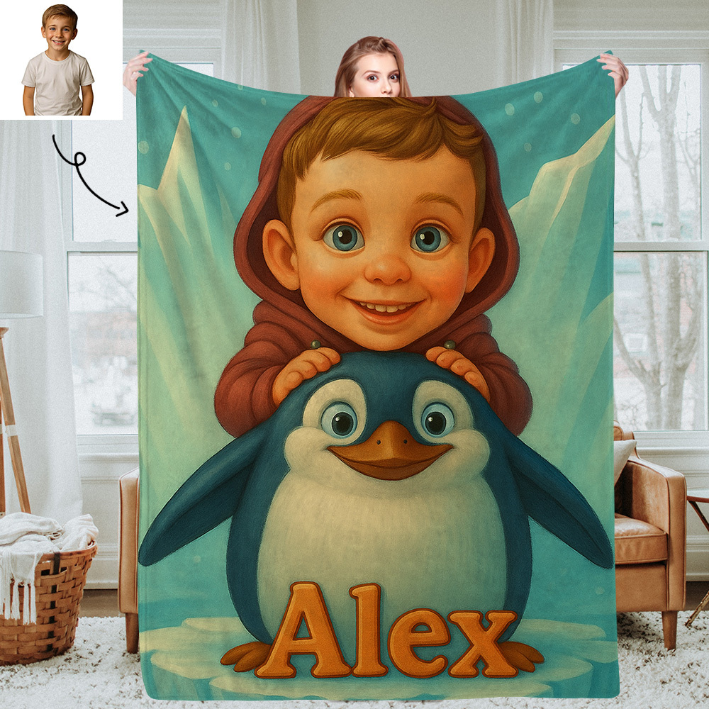 Personalized Kids Photo Blanket with Custom Cartoon Picture and Name Cozy Throw for Bedroom or Living Room