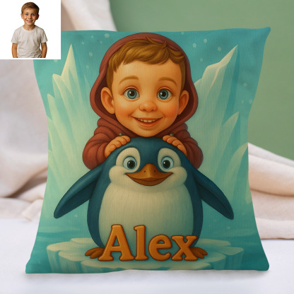 Custom Cartoon Portrait Pillow with Child Photo and Name Personalized Cushion for Nursery or Kids Bedroom Decor