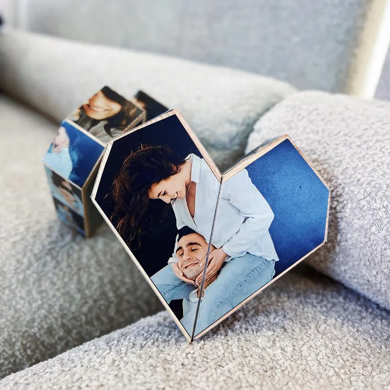 Custom Photo Rubic Cube Heart-Shaped Multi Photo Wooden Cube Personalized Folding 10 Photos Frame Keepsake Gift for Anniversary or Loved One