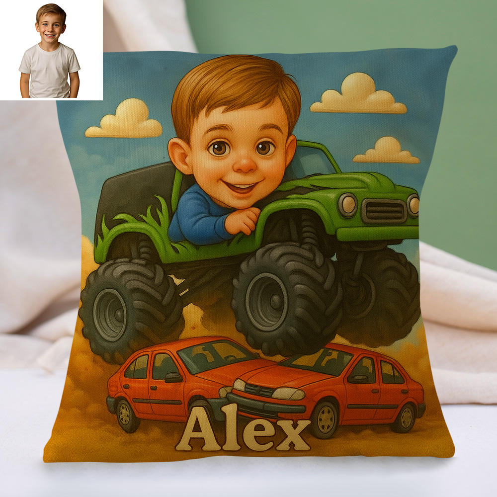 Custom Sports Theme Cartoon Pillow with Child Name and Photo Personalized Cushion for Kids Bed or Play Area