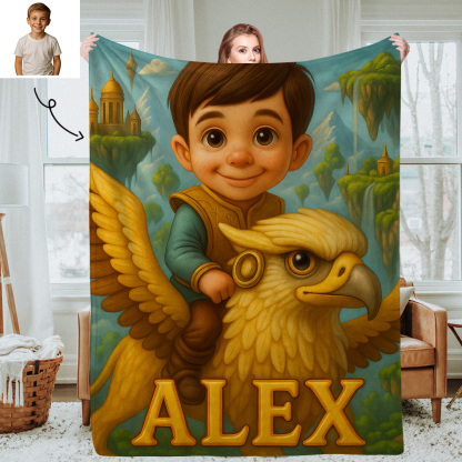 Sci Fi Theme Custom Cartoon Kids Blanket with Personalized Name and Photo Soft Throw for Bedroom or Reading Nook