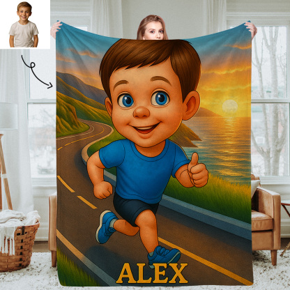 Personalized Sports Kids Blanket with Custom Cartoon Photo and Name Soft Throw for Nap Time or Bedroom