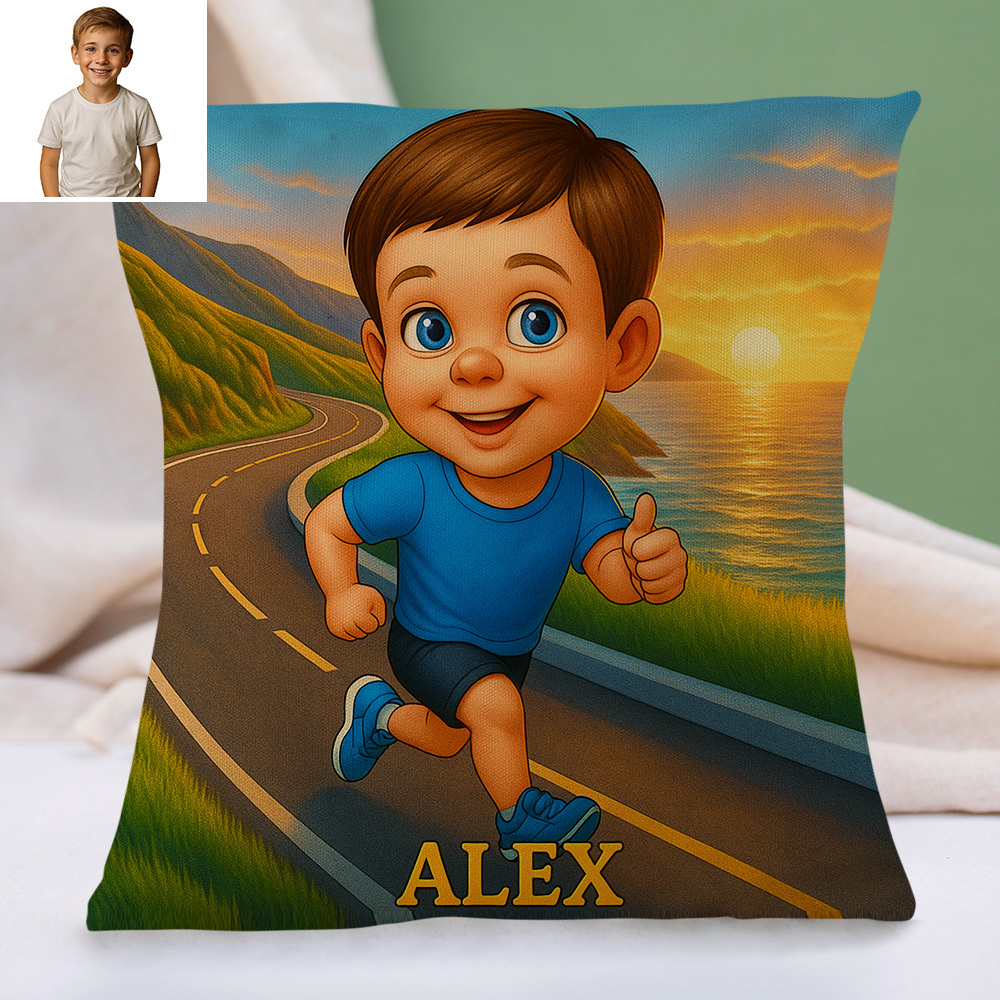 Custom Sports Theme Cartoon Pillow with Child Name and Photo Personalized Cushion for Kids Bed or Play Area