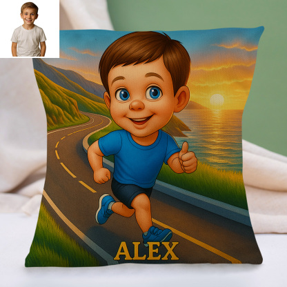 Custom Sports Theme Cartoon Pillow with Child Name and Photo Personalized Cushion for Kids Bed or Play Area