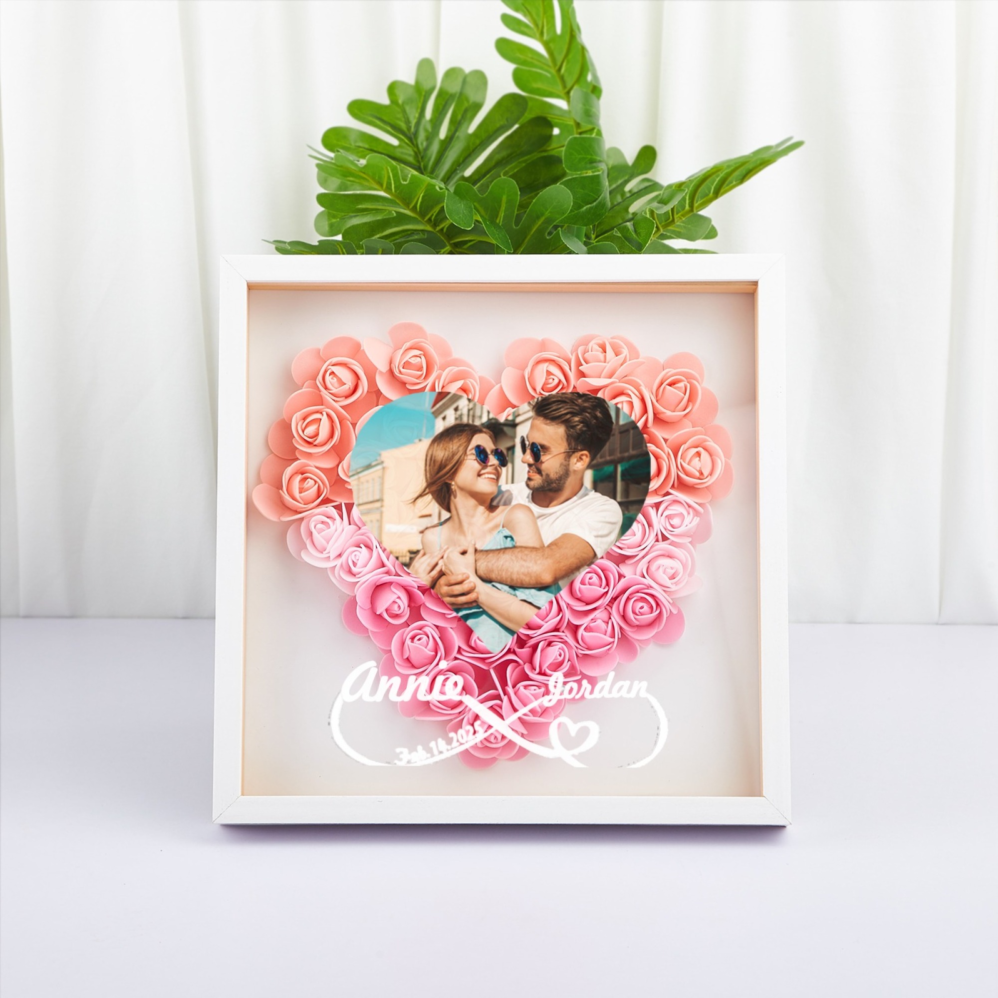 Custom Flower Shadowbox with Photo and Names Heart-Shaped Rose Frame S