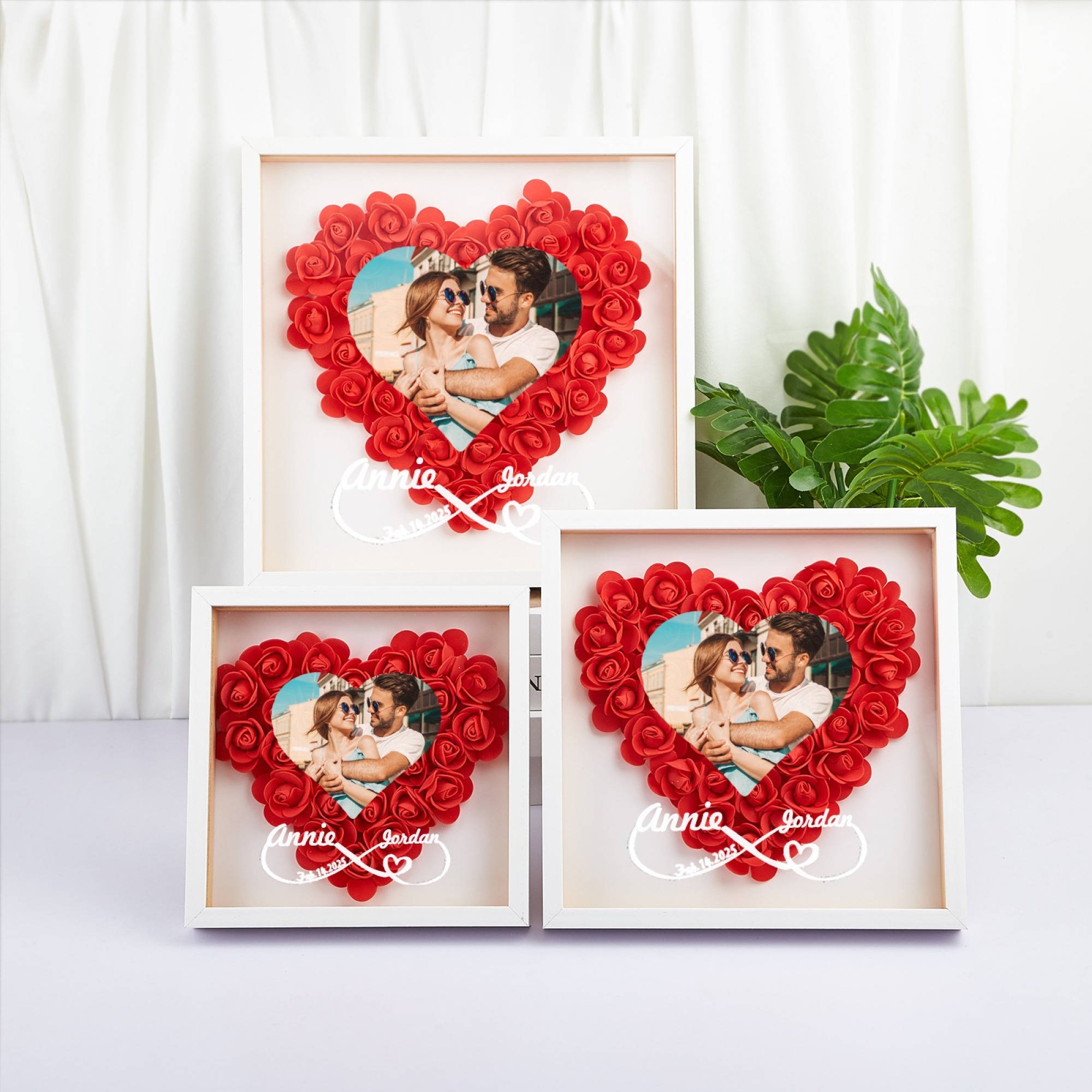 Custom Flower Shadowbox with Photo and Names Heart-Shaped Rose Frame S