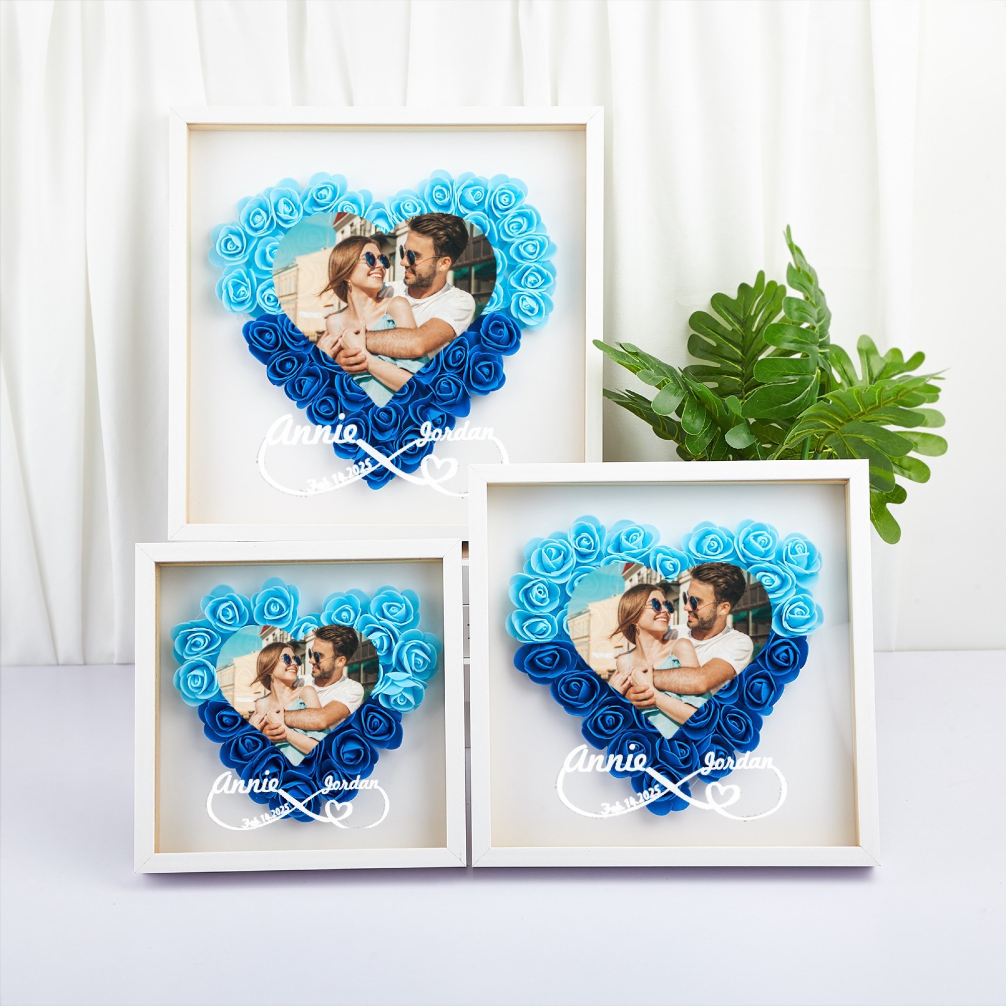 Custom Flower Shadowbox with Photo and Names Heart-Shaped Rose Frame S