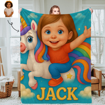 Personalized Kids Cartoon Portrait Blanket with Custom Photo and Name Soft Cozy Throw for Bedroom Gifts for Girls