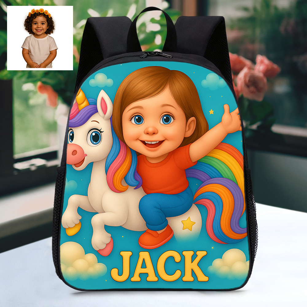 Custom Photo Portrait Kids Backpack with Name Personalized Cartoon Photo School Bag Back to School Gifts for Girls