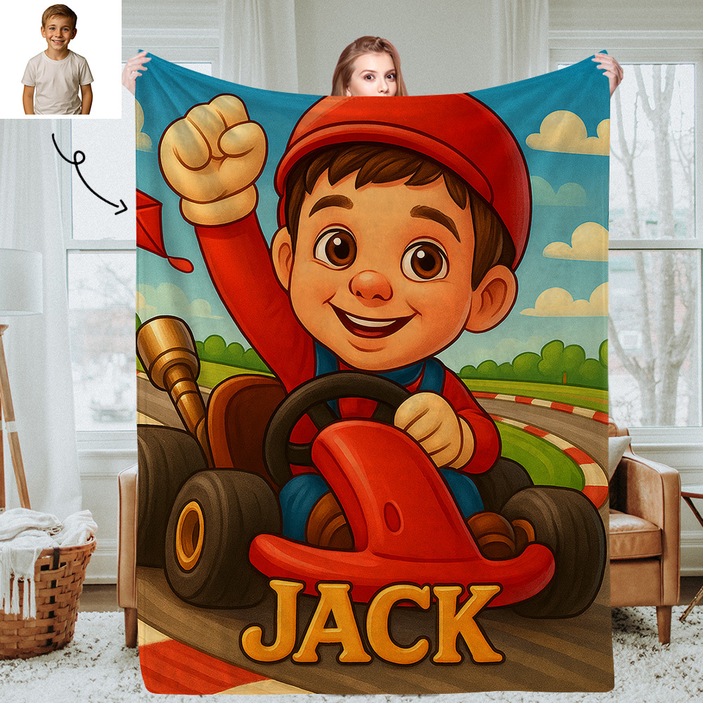 Personalized Sports Kids Blanket with Custom Cartoon Photo and Name Soft Throw for Nap Time or Bedroom