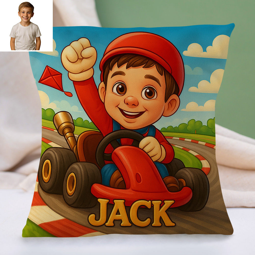 Custom Sports Theme Cartoon Pillow with Child Name and Photo Personalized Cushion for Kids Bed or Play Area