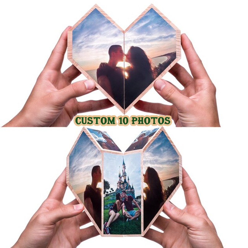 Custom Photo Rubic Cube Heart-Shaped Multi Photo Wooden Cube Personalized Folding 10 Photos Frame Keepsake Gift for Anniversary or Loved One