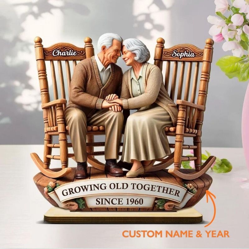 Personalized 3D Effect Old Couple Sitting on Rocking Chairs Together Standing Wooden Anniversary Plaque Gift for Wife