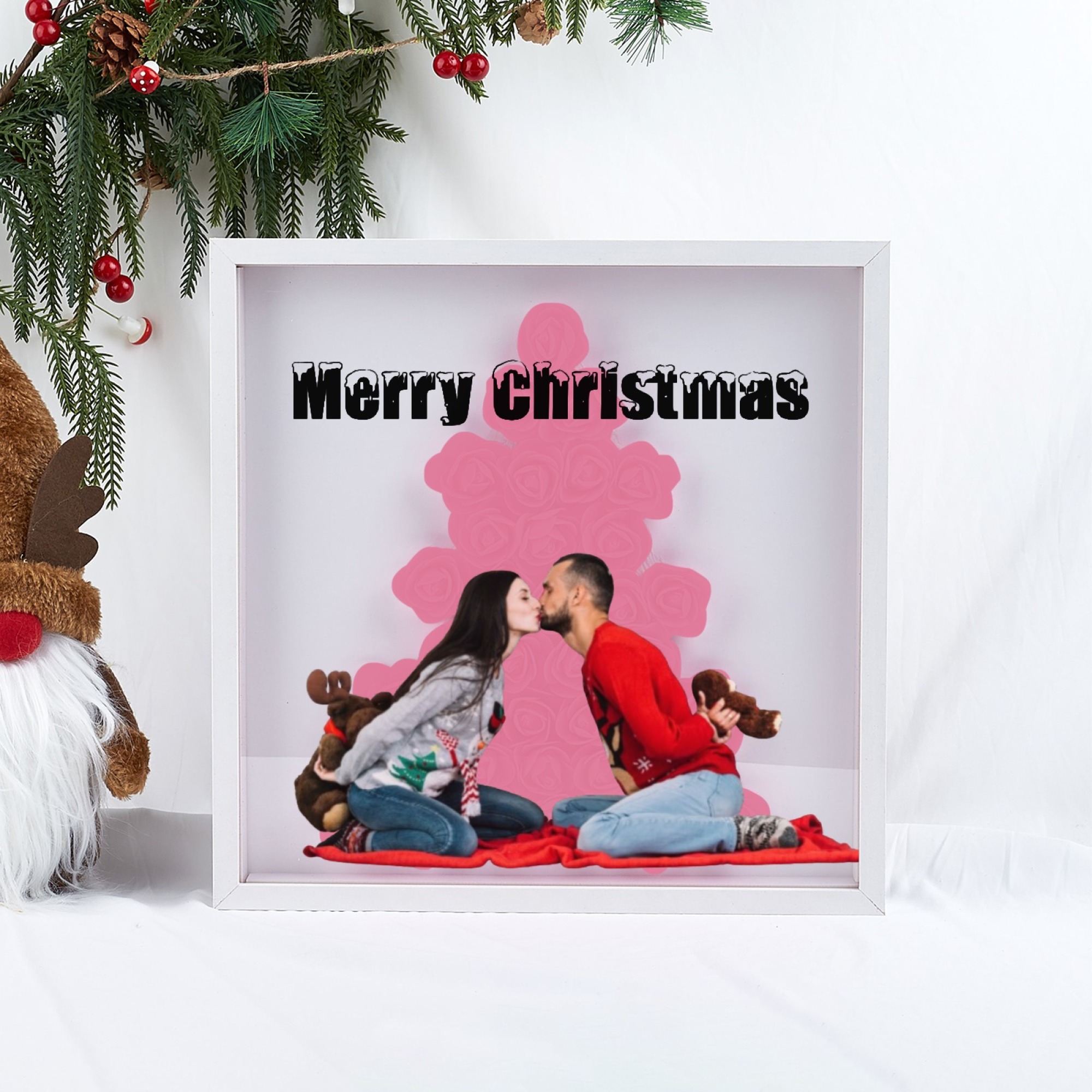 Christmas Tree Paper Rose Flower Shadow Box Frame Christmas Gift