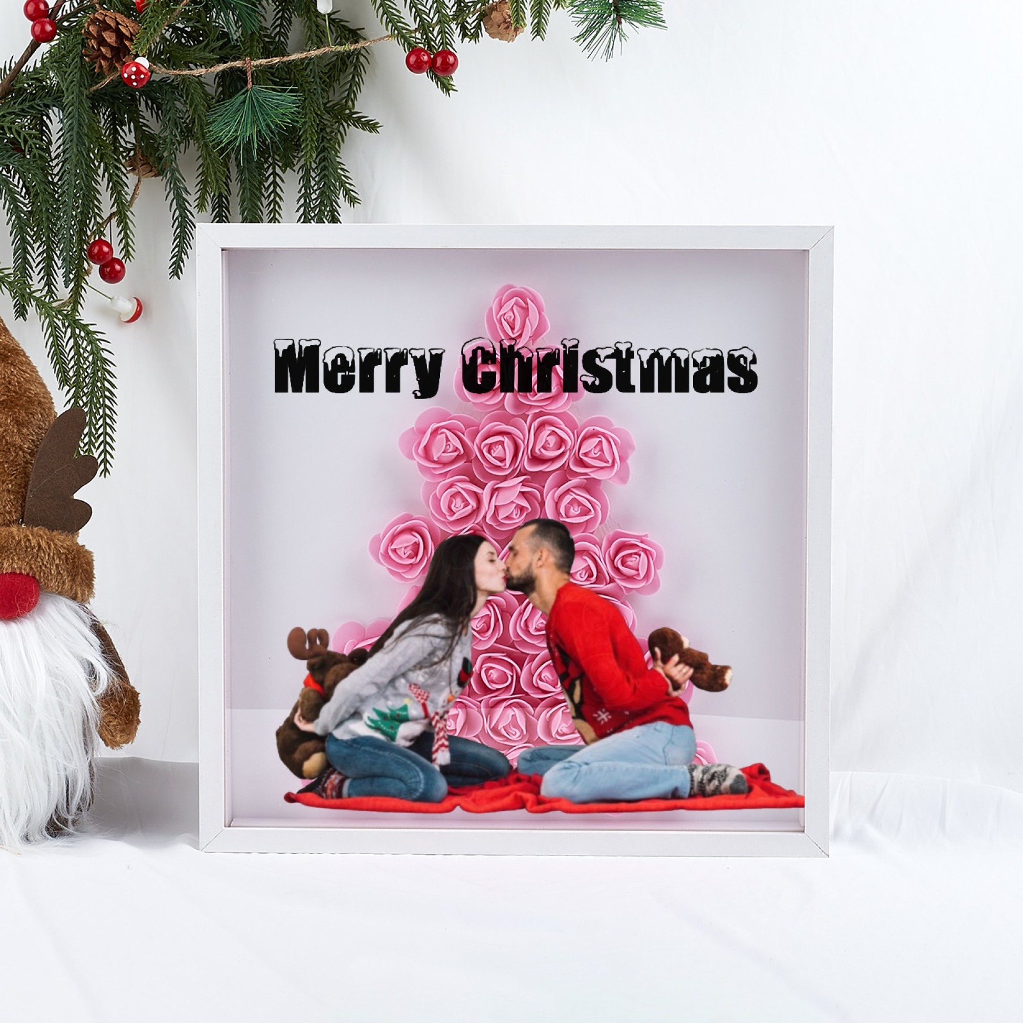 Christmas Tree Paper Rose Flower Shadow Box Frame Christmas Gift