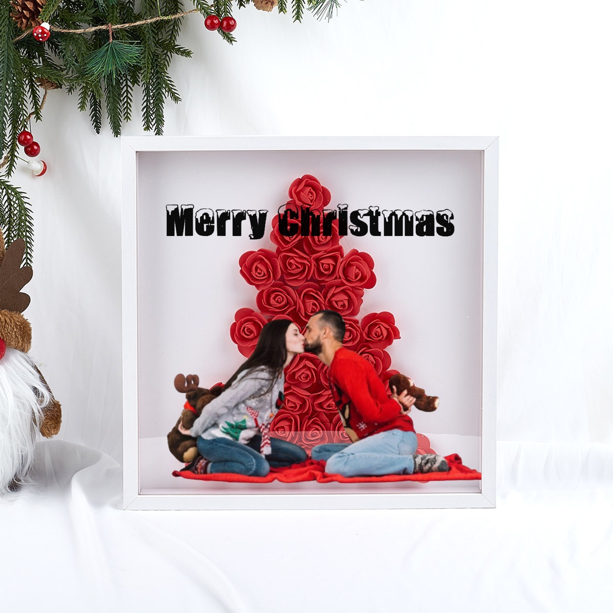 Christmas Tree Paper Rose Flower Shadow Box Frame Christmas Gift