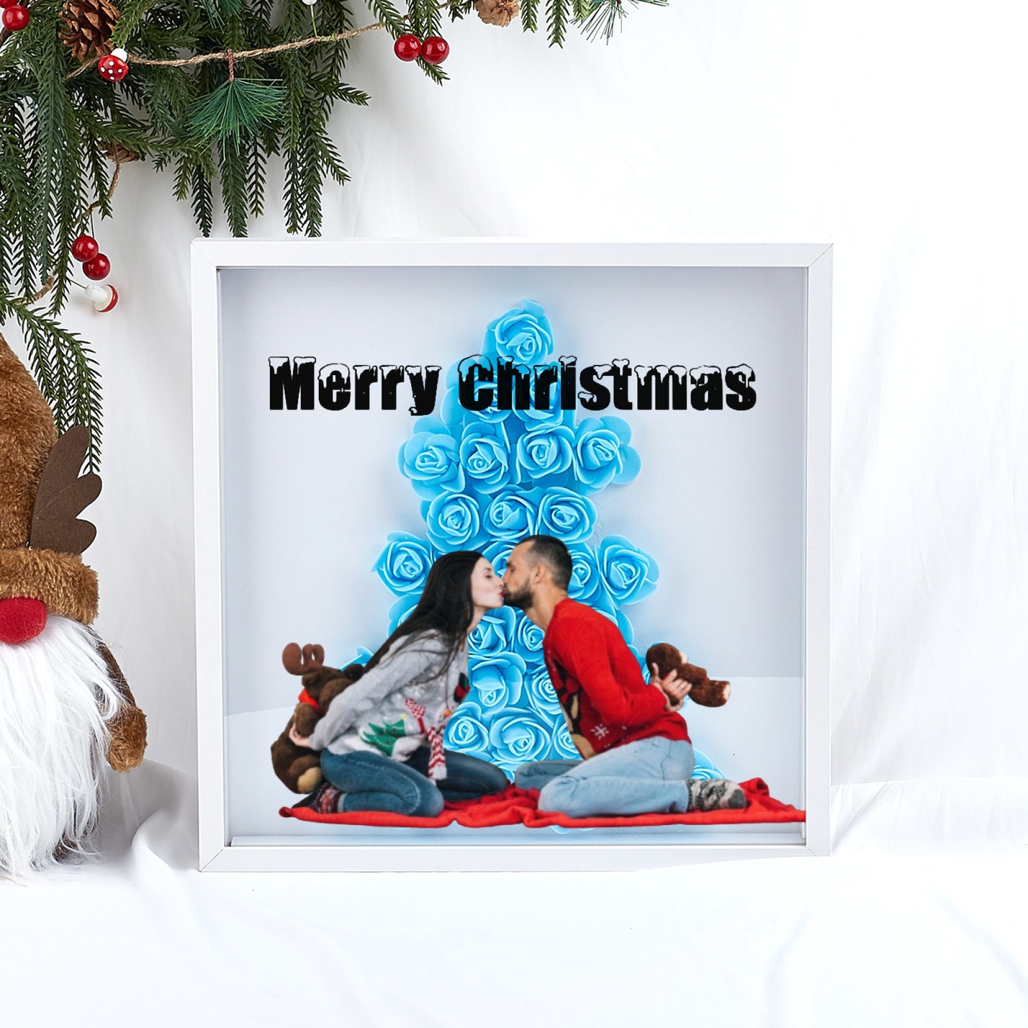 Christmas Tree Paper Rose Flower Shadow Box Frame Christmas Gift