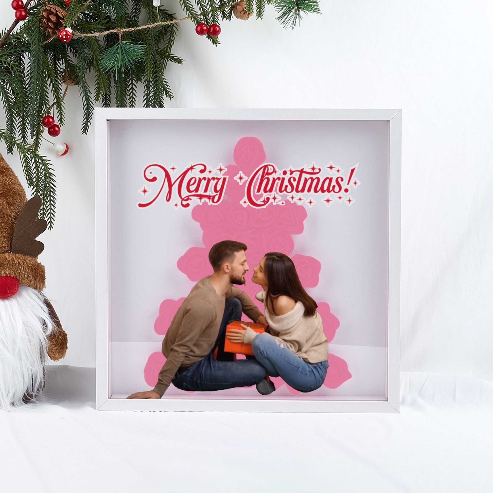 Christmas Tree Paper Rose Flower Shadow Box Frame Christmas Gift