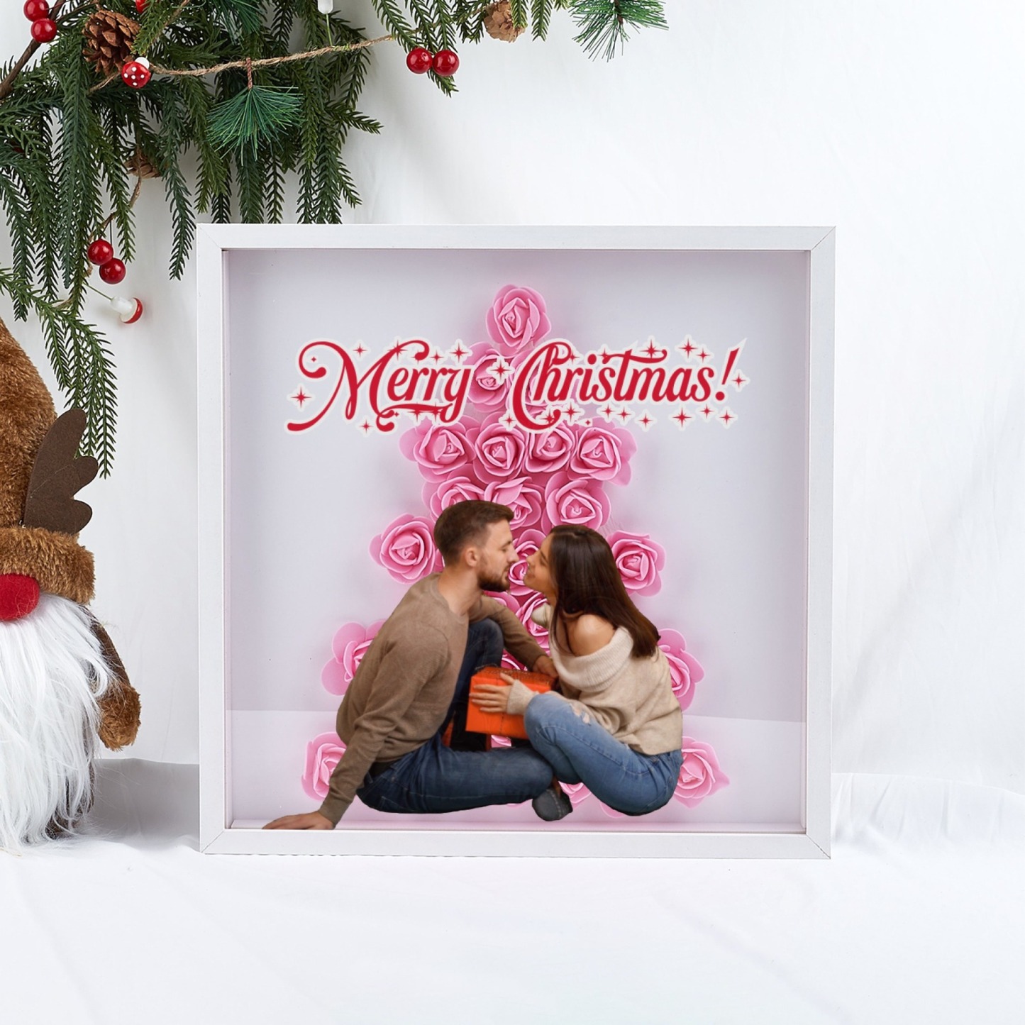 Christmas Tree Paper Rose Flower Shadow Box Frame Christmas Gift